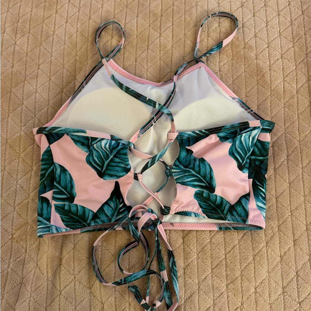 Pink and Green Leaf Print Bikini top - Picture 2 of 2